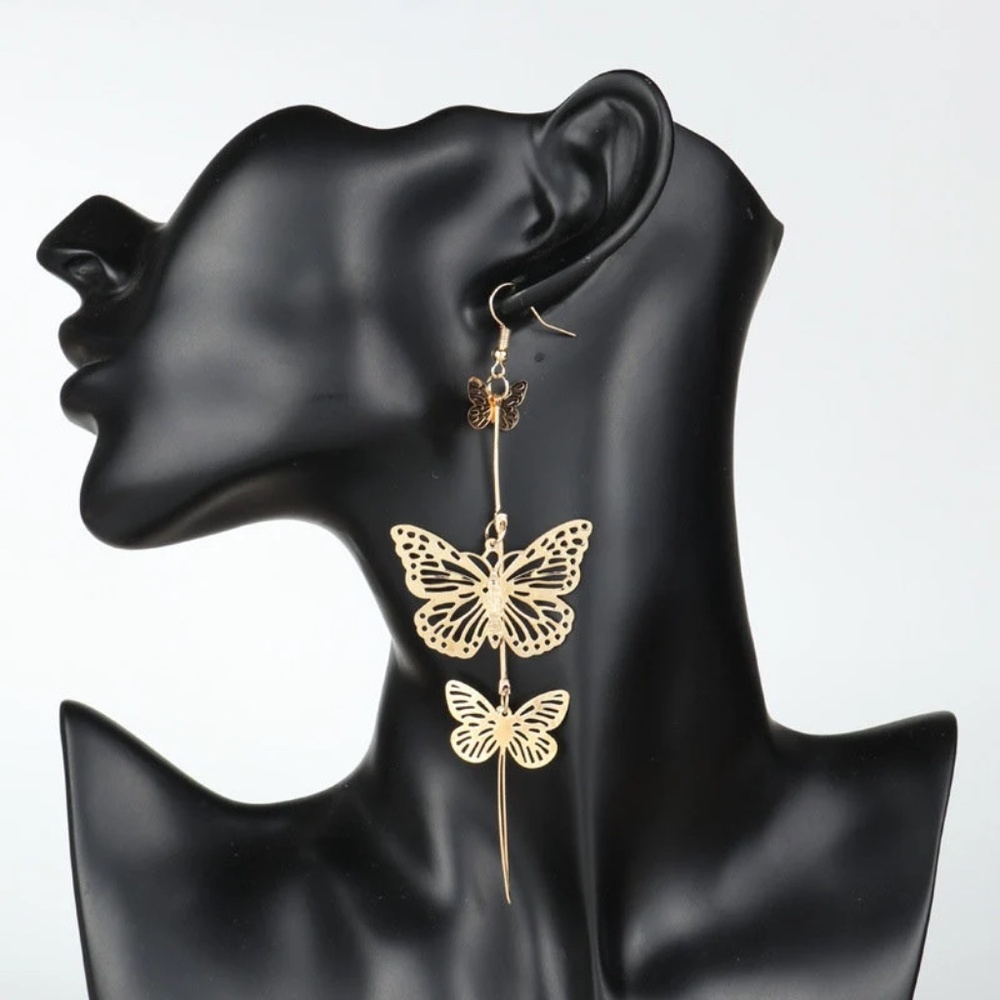 Dazzling Double Butterfly Dangling Earrings, Gold/Silver Butterfly Earrings